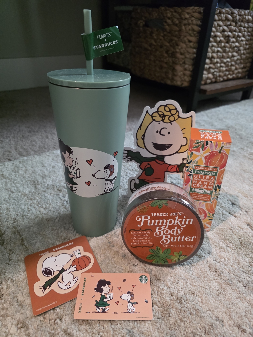 Starbucks X Peanuts Tumbler with Trader Joe's Lotions